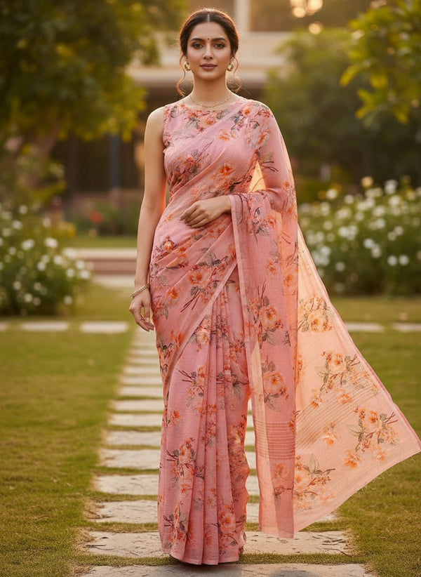 Pink Artistic Floral Bloom on Pure Chinon Digital Printed Fabric - Saree Lookbook - PC-0-TA08827-106 - alternate view