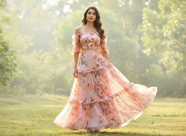 Camellia With Watusi Colour Digital Printed Fabric - Pure Chiffon - alternate view