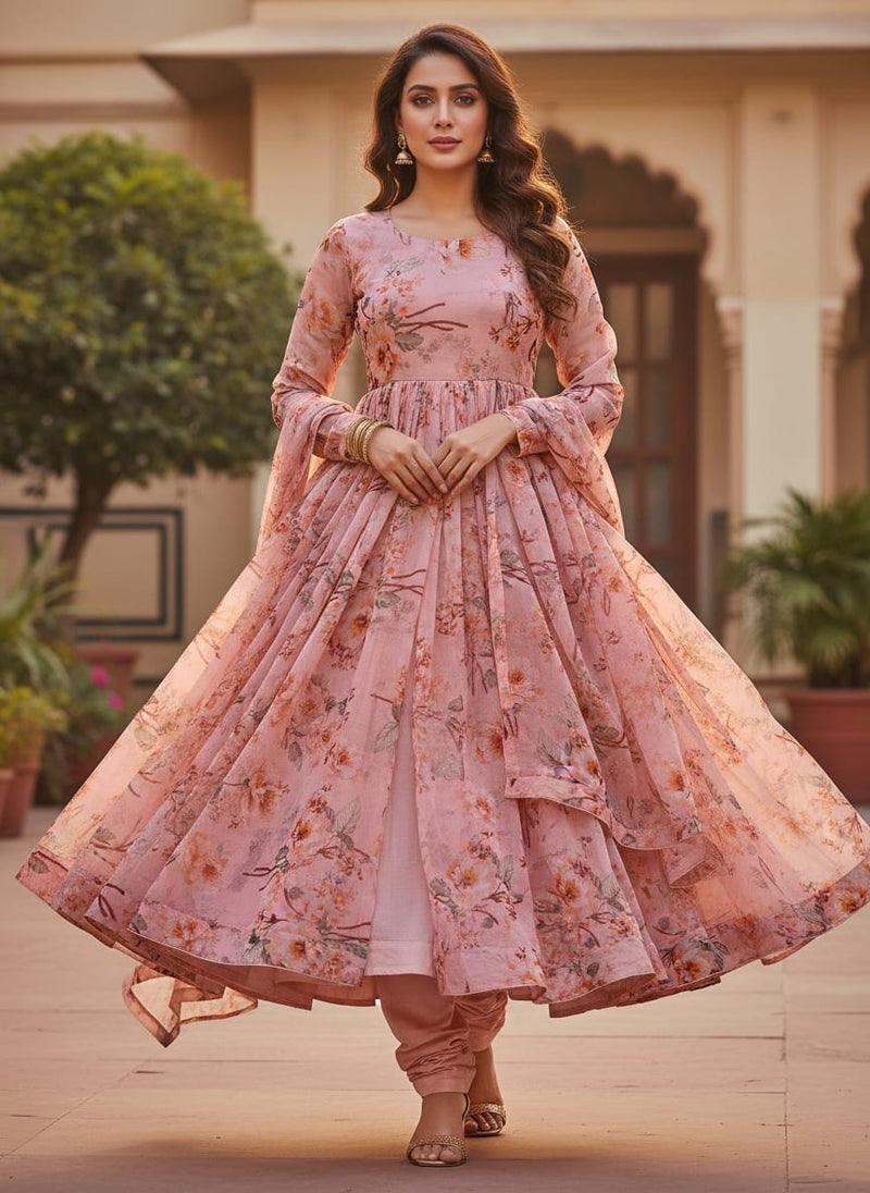 Camellia With Watusi Colour Digital Printed Fabric - Pure Chiffon