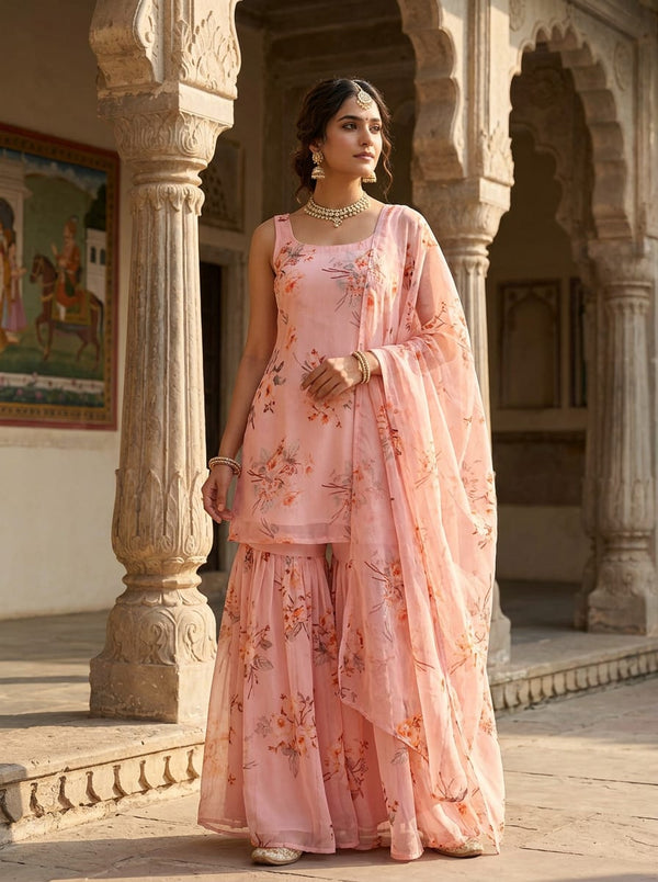 Pink Watercolour Floral Bouquet Pure Chiffon Digital Printed Fabric - Sharara Set Lookbook - PCH-0-TA08827-96 - alternate view
