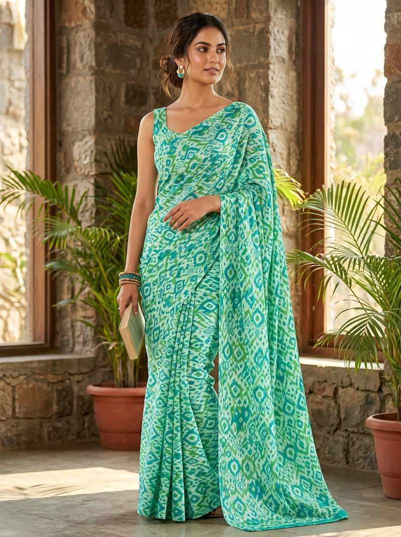 Multicolor Ethnic Ikat Geometric Kora Silk Digital Printed Fabric