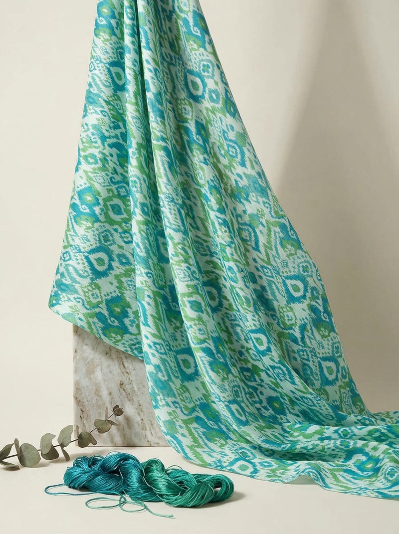 Multicolor Ethnic Ikat Geometric Kora Silk Digital Printed Fabric