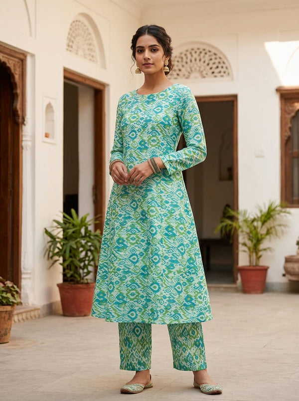 Multicolor Ethnic Ikat Geometric Kora Silk Digital Printed Fabric - A-Line Kurta with Salwar Lookbook - KS-0-TA08829-110 - alternate view