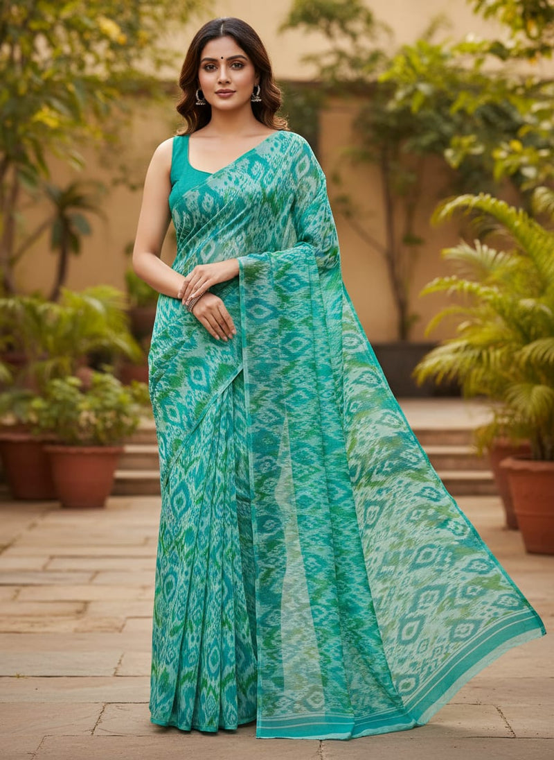 Teal Abstract Ikat Pattern Pure Chinon Digital Printed Fabric