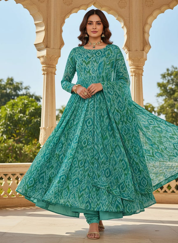 Teal Abstract Ikat Pattern Pure Chinon Digital Printed Fabric - Anarkali Kurta Set Lookbook - PC-0-TA08829-106 - alternate view