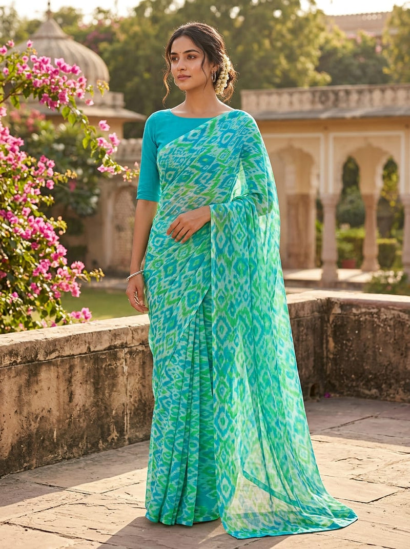 Blue Ethnic Ikat Pattern Pure Chiffon Digital Printed Fabric