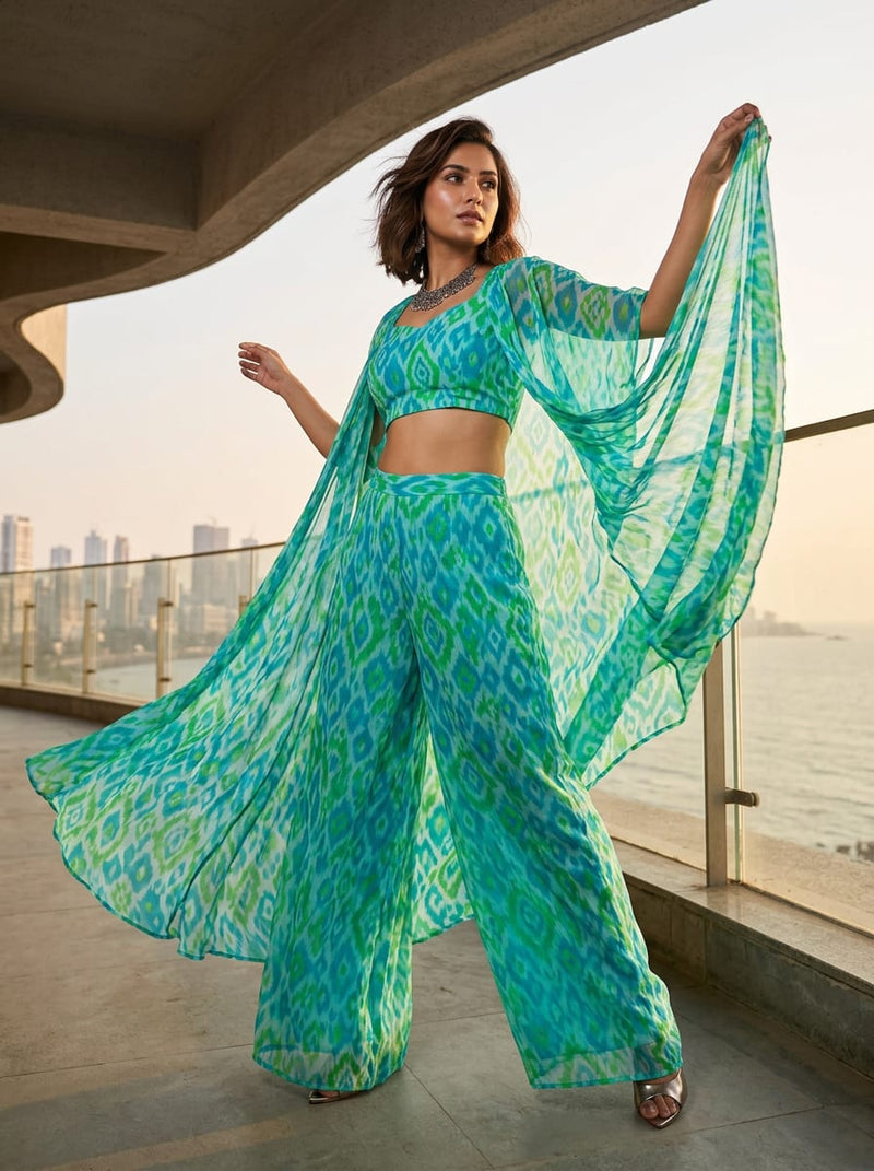 Blue Ethnic Ikat Pattern Pure Chiffon Digital Printed Fabric