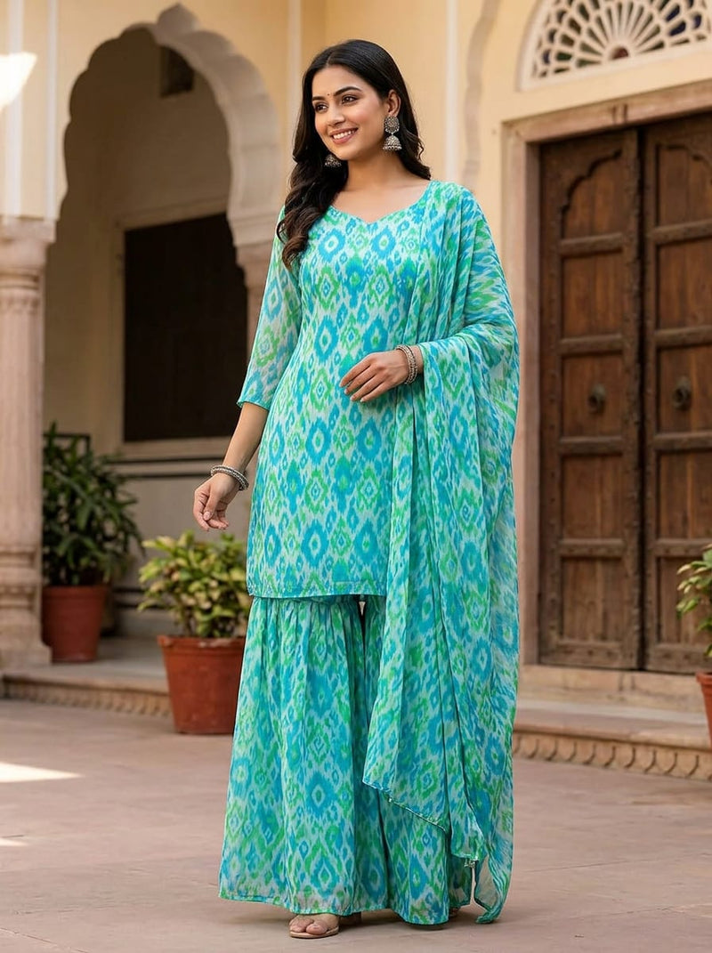 Blue Ethnic Ikat Pattern Pure Chiffon Digital Printed Fabric
