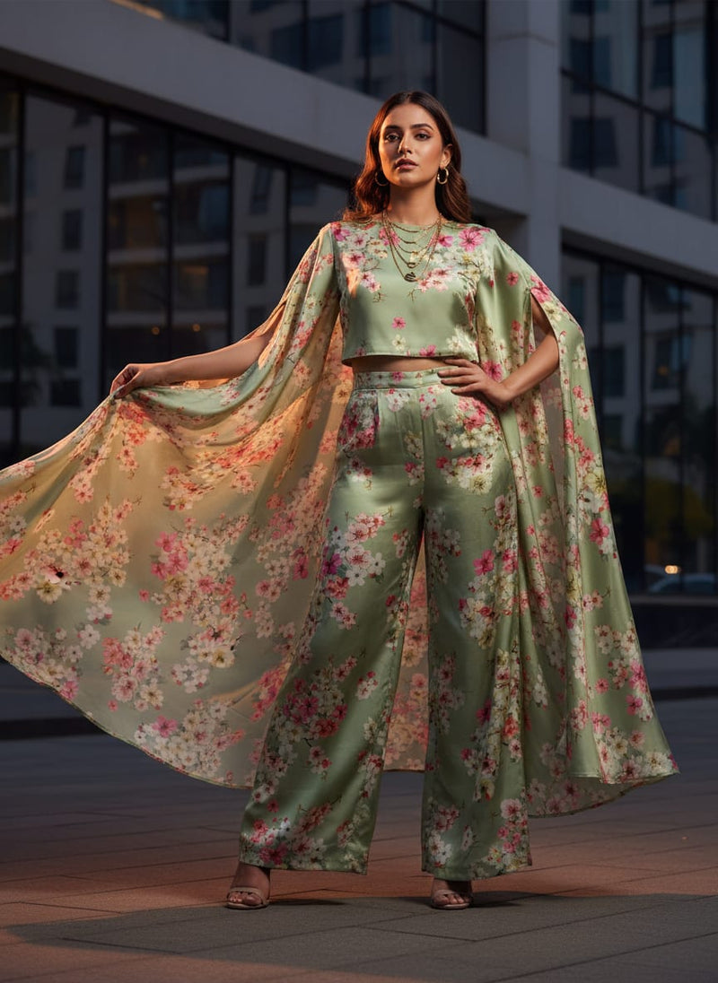 Green Sakura Cherry Blossom Floral Japan Satin Digital Printed Fabric