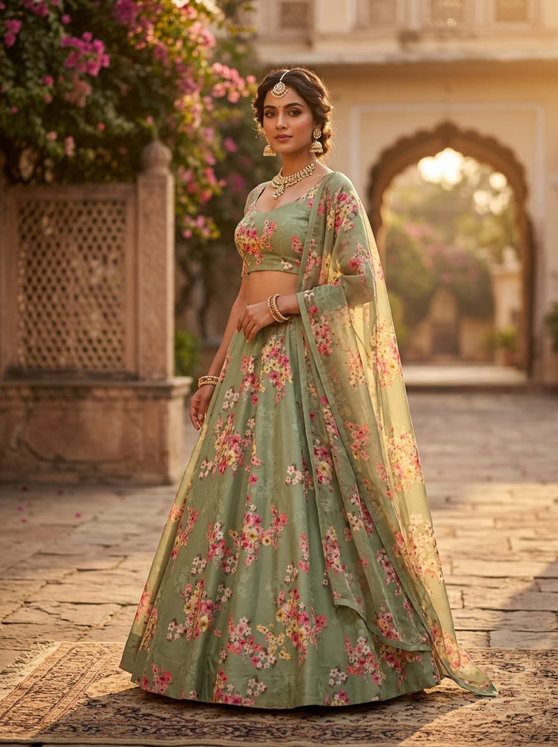Olive Dainty Floral Bouquets Kora Silk Digital Printed Fabric