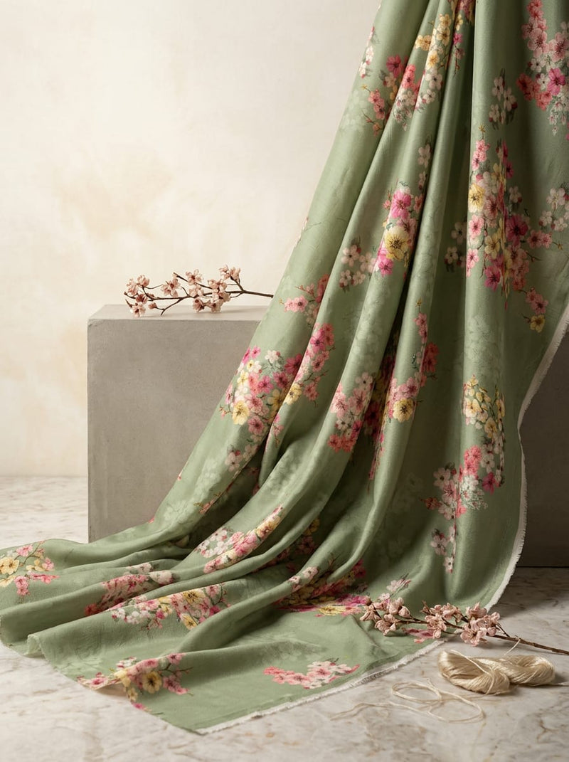 Olive Dainty Floral Bouquets Kora Silk Digital Printed Fabric