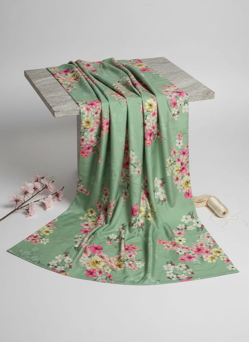 Green Sakura Blossom Floral Silk Crepe Digital Printed Fabric