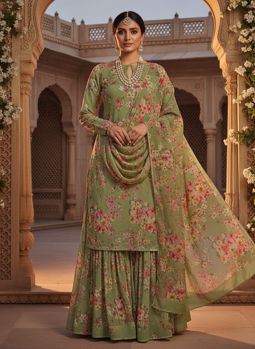 Green Cherry Blossom Floral Pure Georgette Digital Printed Fabric