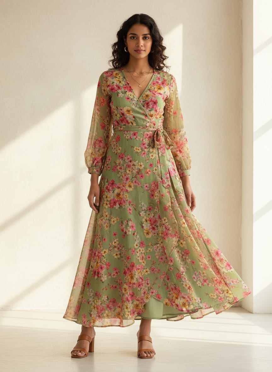 Green Cherry Blossom Floral Pure Georgette Digital Printed Fabric