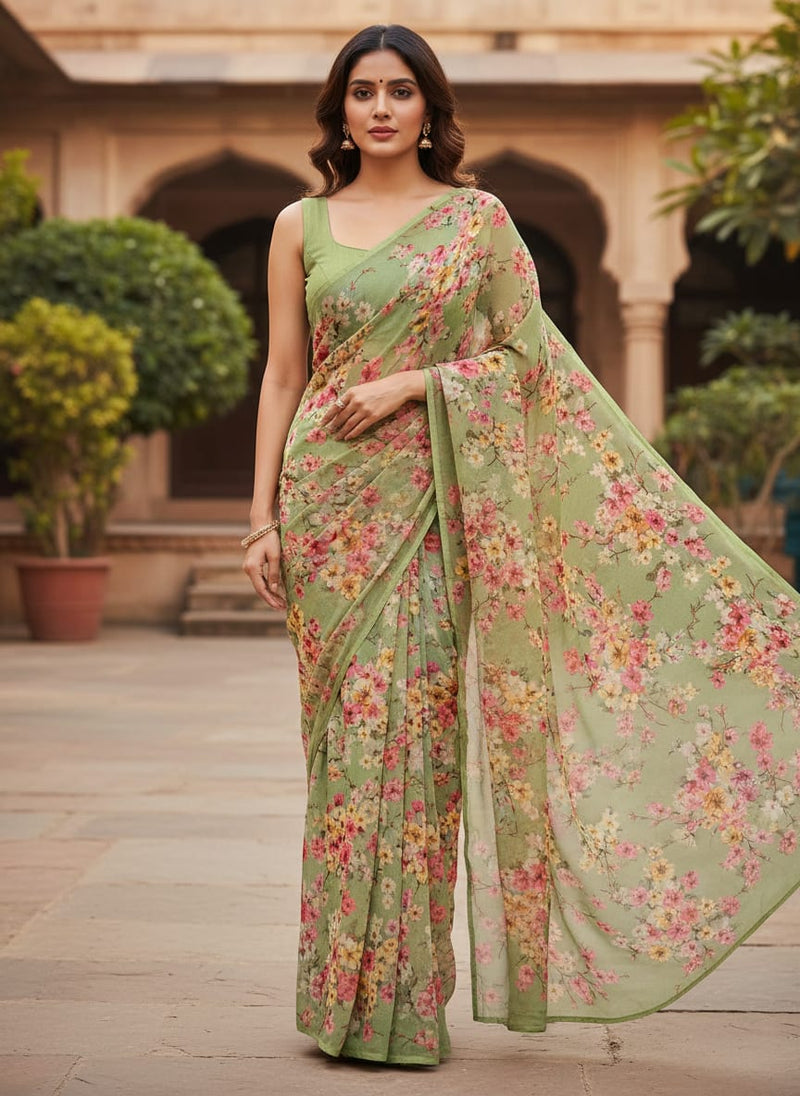 Green Cherry Blossom Floral Pure Georgette Digital Printed Fabric