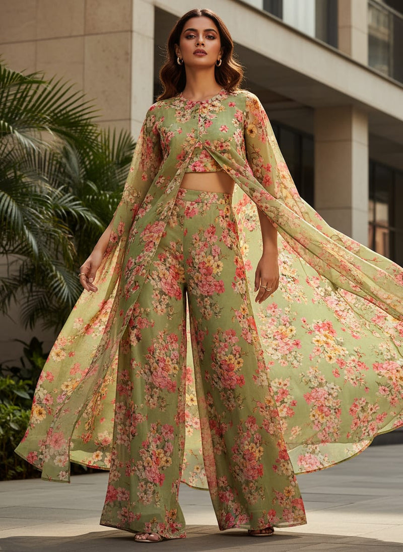 Green Cherry Blossom Floral Pure Georgette Digital Printed Fabric
