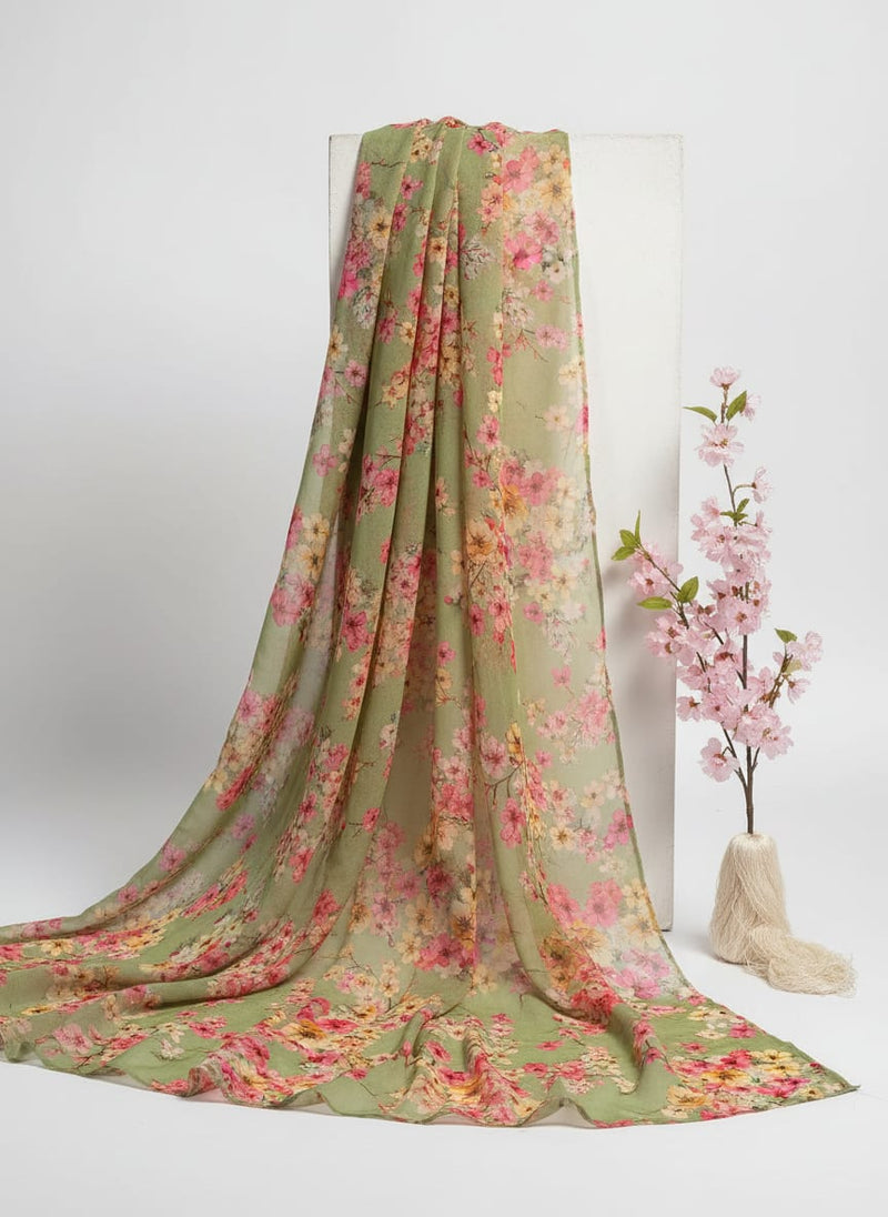 Green Cherry Blossom Floral Pure Georgette Digital Printed Fabric
