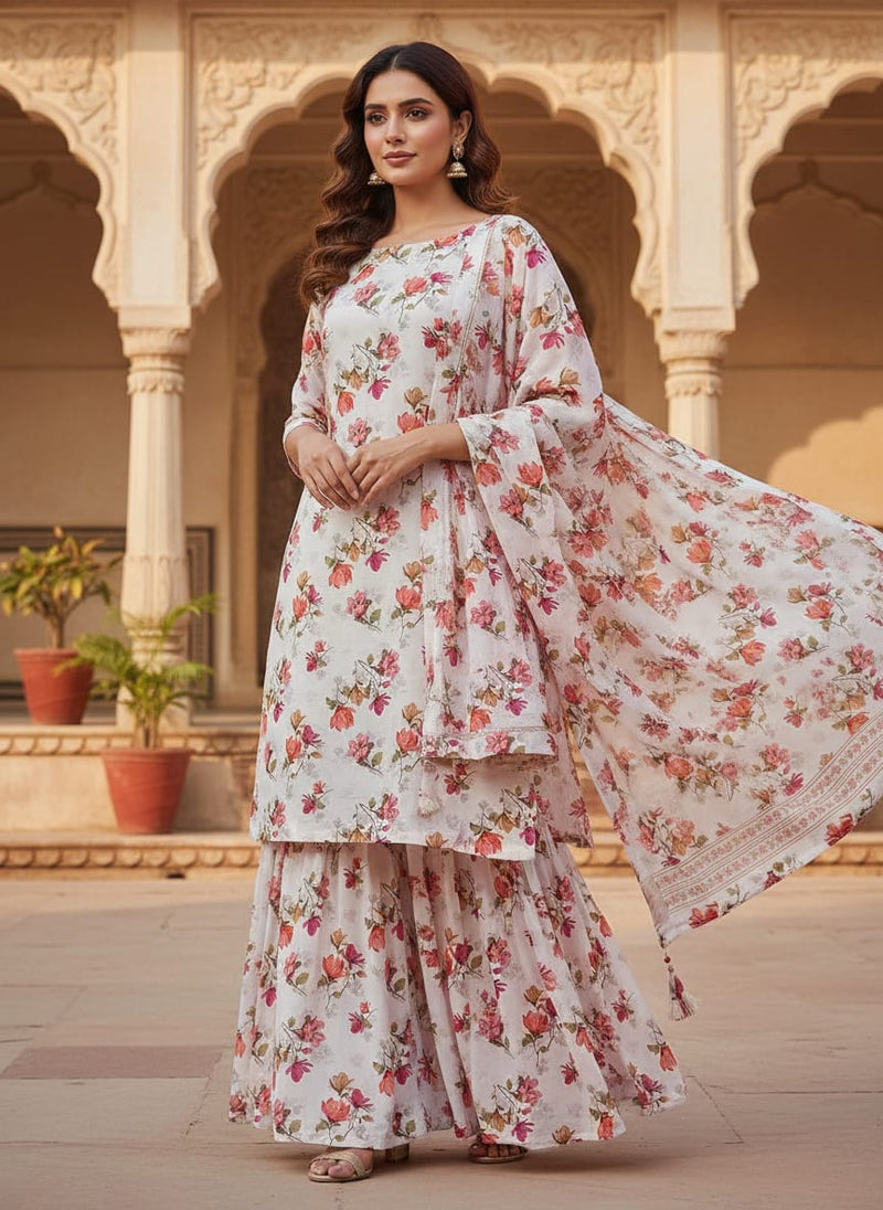 White Dainty Watercolour Floral Upada Silk Digital Printed Fabric