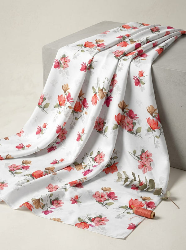 White Dainty Watercolour Floral Upada Silk Digital Printed Fabric - Fabric Editorial Studio Flatlay Lookbook - US-0-TA08866P2-110