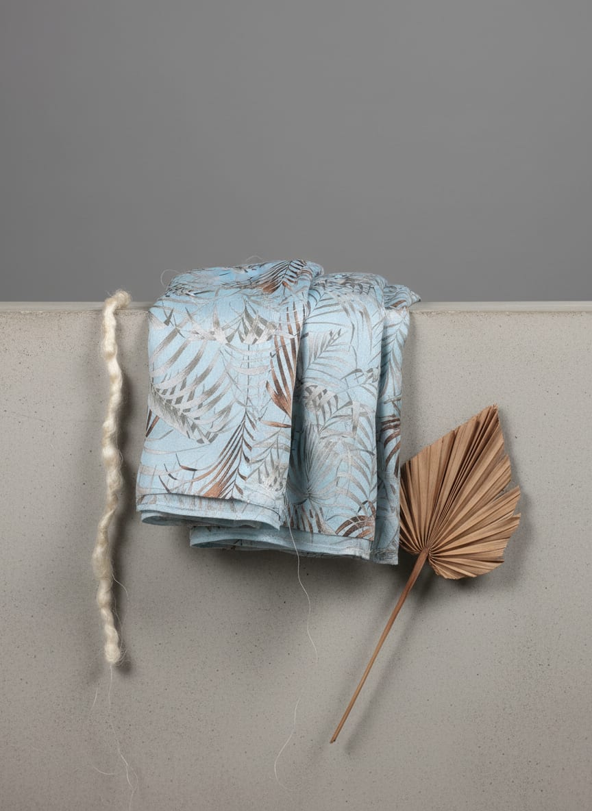 Blue Tropical Botanical Leaf Print Kora Silk Digital Printed Fabric