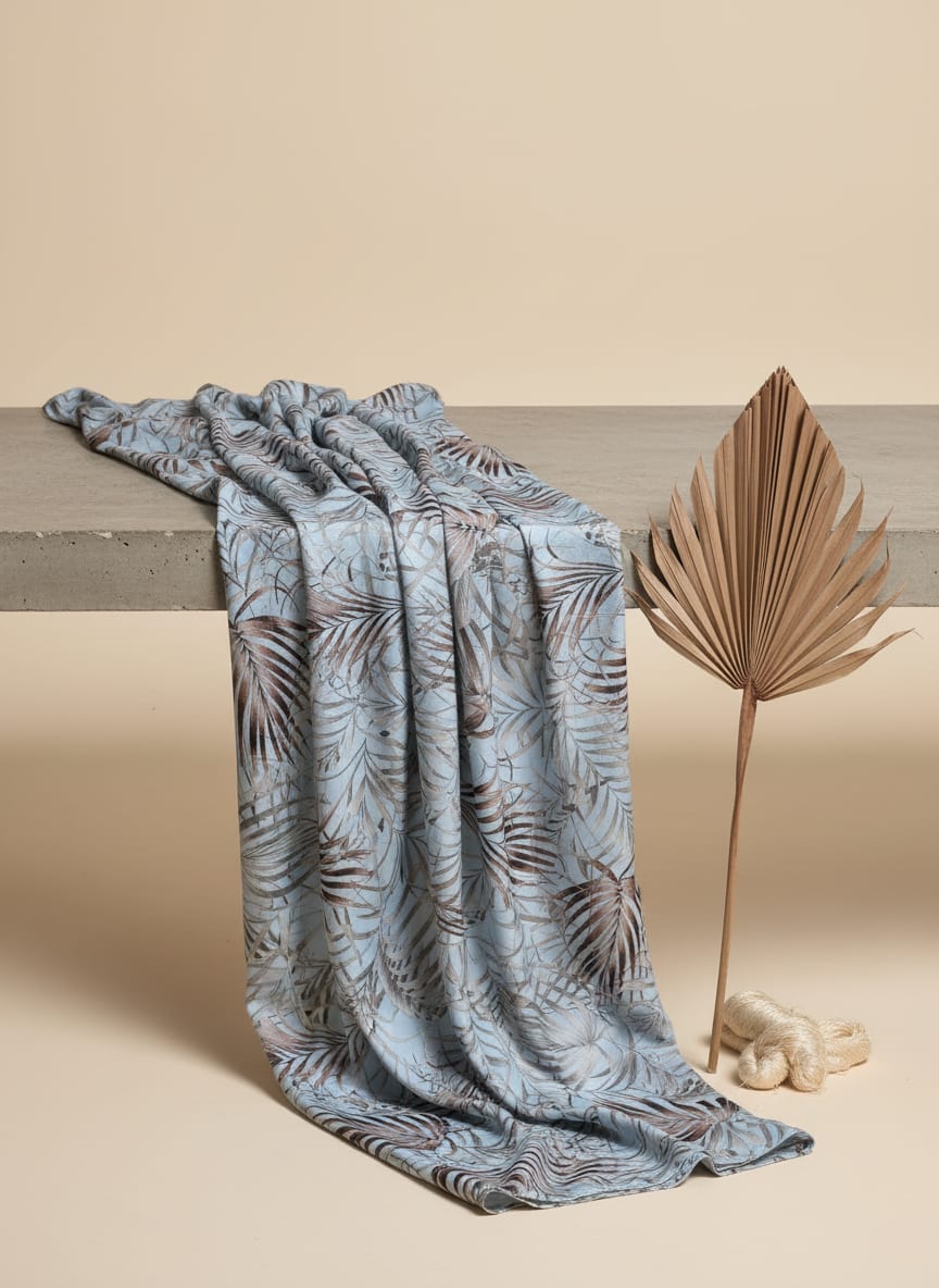 Blue and Brown Tropical Palm Leaf Silk Crepe Digital Printed Fabric