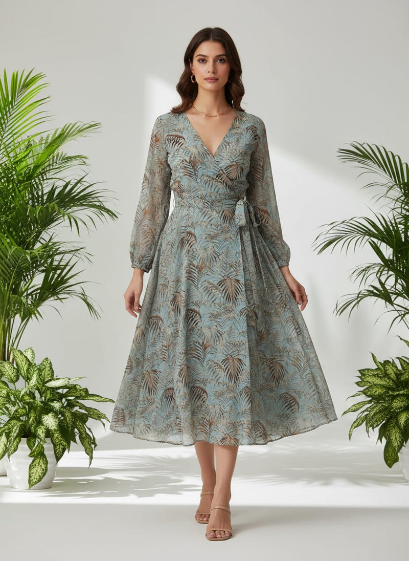 Tropical Garden Leaves Digital Printed Fabric - Pure Georgette