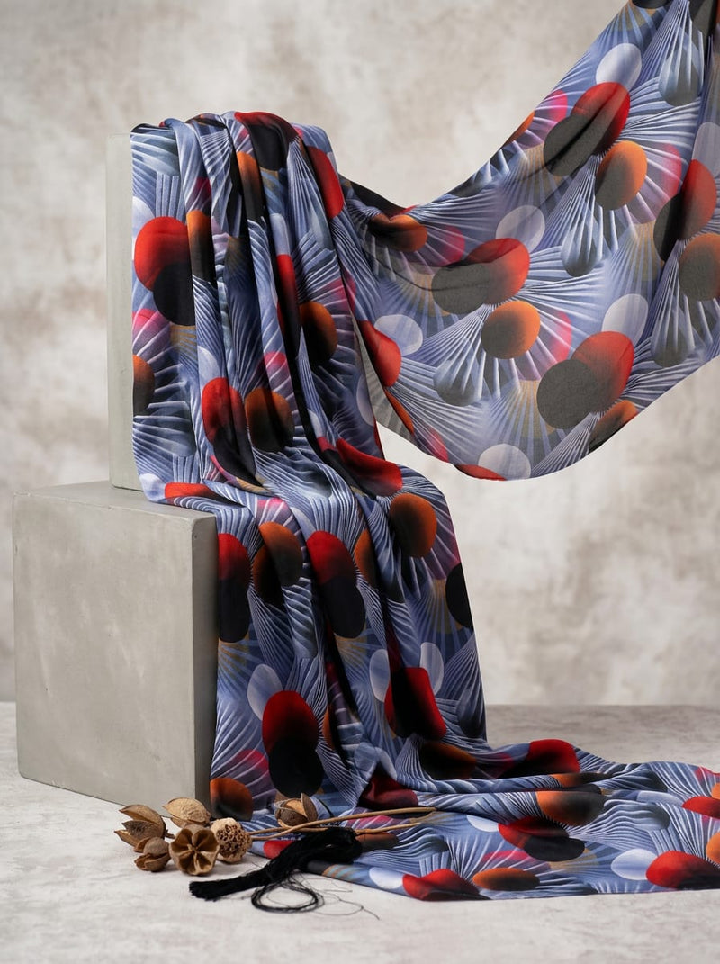 Multicolor Abstract 3D Spheres and Fans Japan Satin Digital Printed Fabric