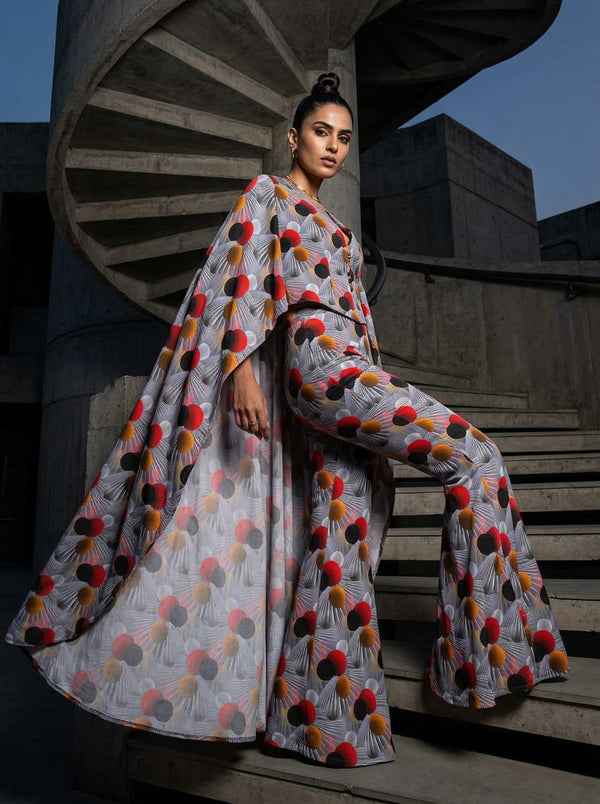 Multicolor Abstract 3D Spheres Silk Crepe Digital Printed Fabric - Draped Cape with Flared Pants Lookbook - CR-0-TA08898-110 - alternate view