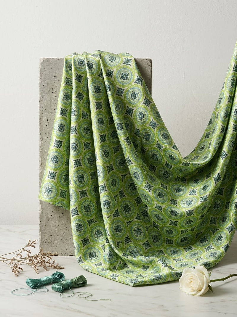 Green Geometric Floral Medallion Japan Satin Digital Printed Fabric