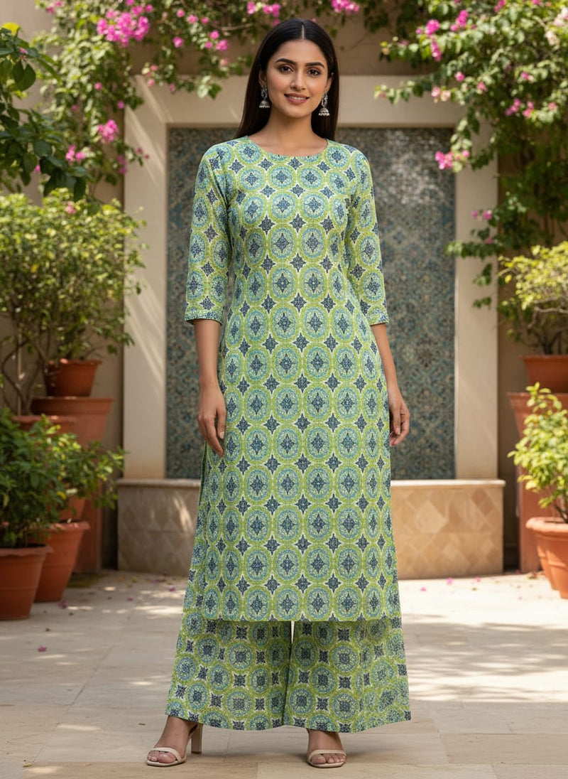 Attractive Tiny Green Link Flower Digital Printed Fabric - Kota Doria