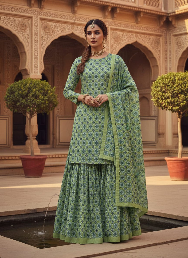 Attractive Tiny Green Link Flower Digital Printed Fabric - Kota Doria