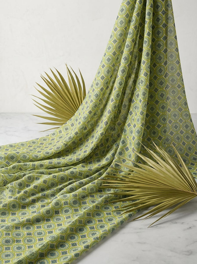 Green Geometric Floral Medallion Weightless Digital Printed Fabric