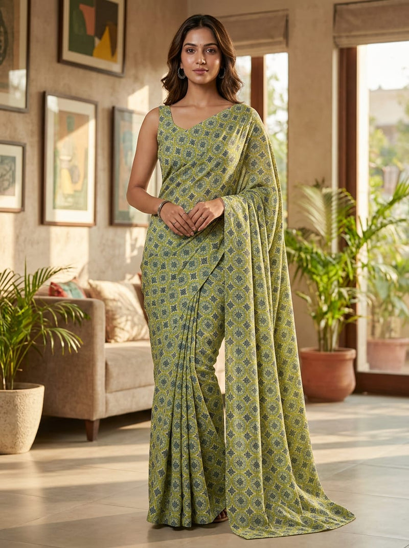 Green Ethnic Geometric Tile Print Silk Crepe Digital Printed Fabric