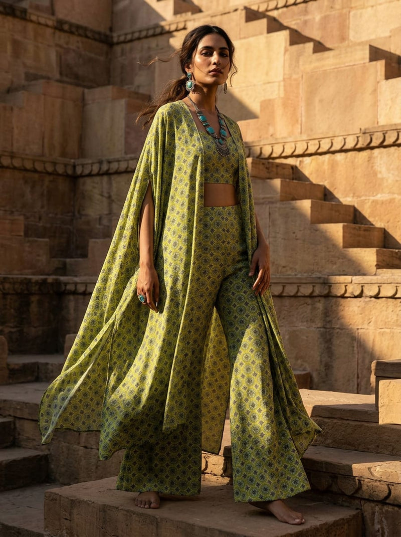 Green Ethnic Geometric Tile Print Silk Crepe Digital Printed Fabric
