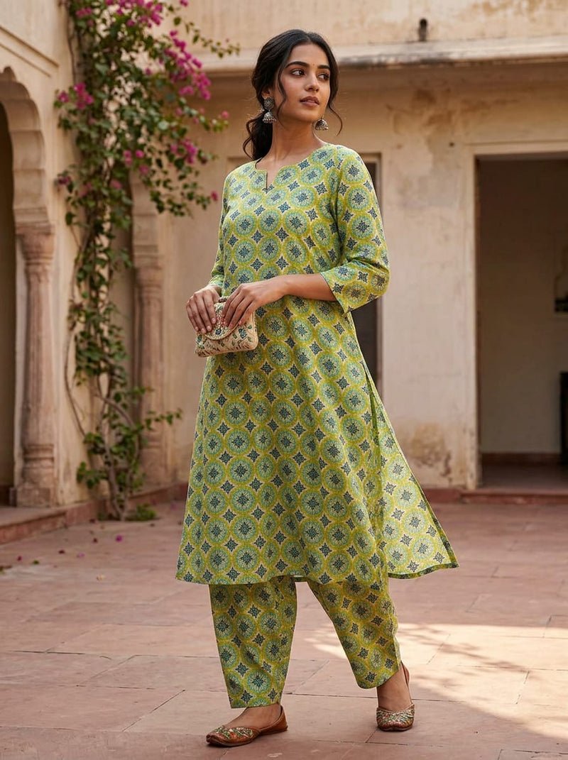 Green Ethnic Medallion Pure Muslin Digital Printed Fabric
