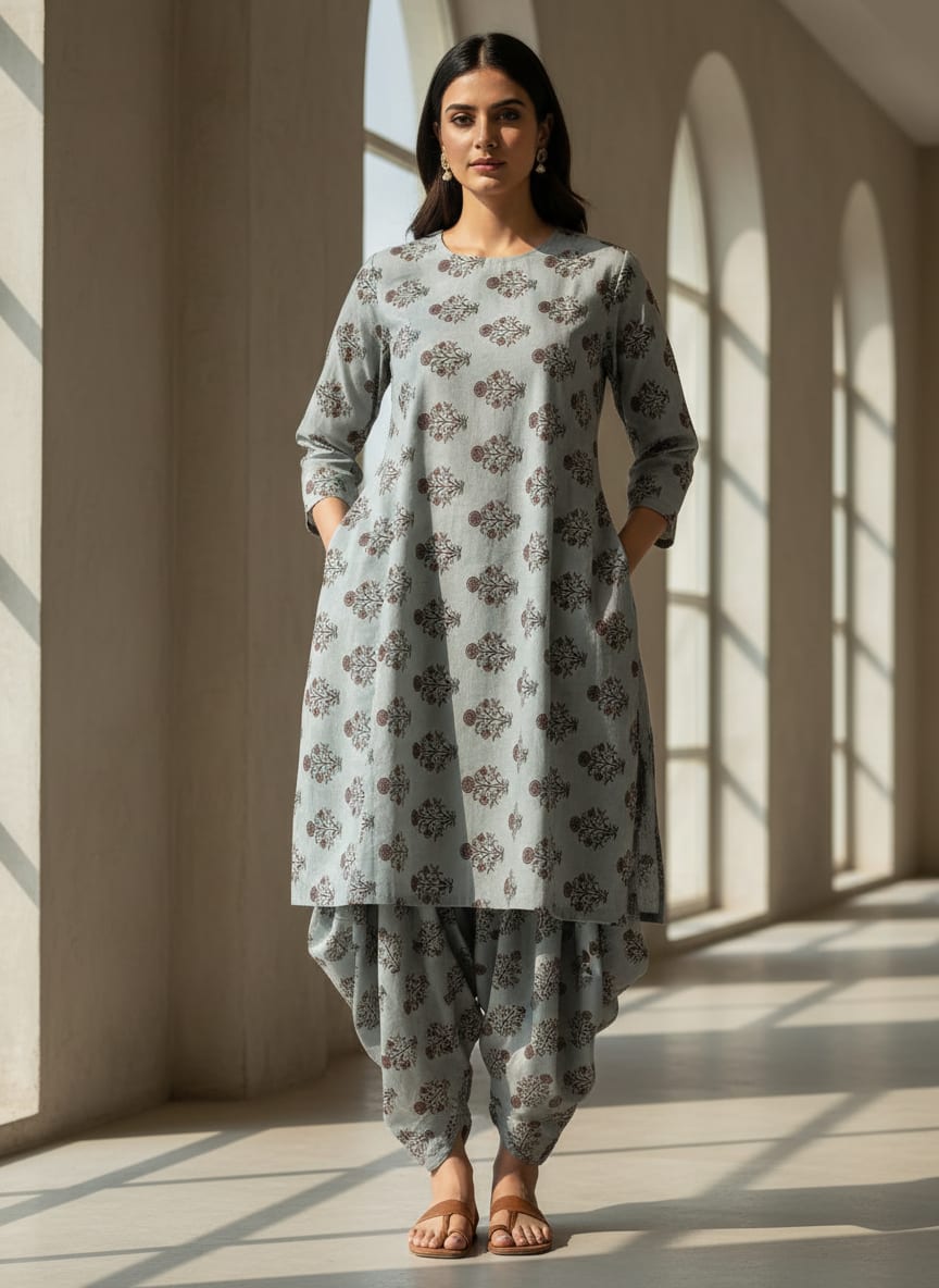 Grey Ethnic Floral Buti Print Pure Cotton Digital Printed Fabric