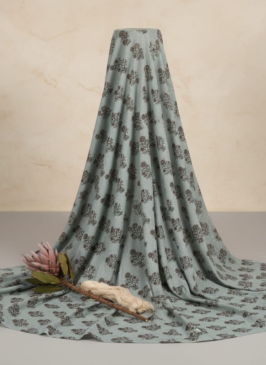 Grey Ethnic Floral Buti Print Pure Cotton Digital Printed Fabric