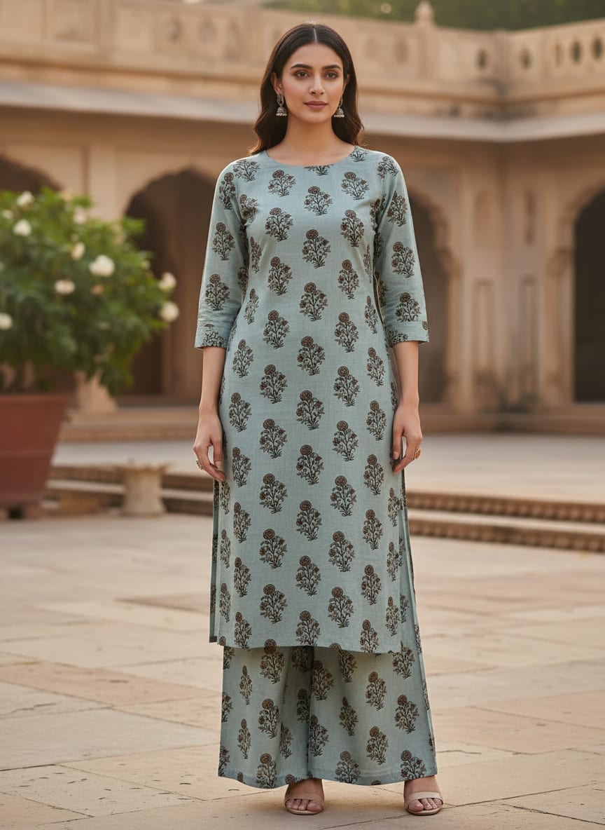 Grey Ethnic Floral Buti Print Pure Cotton Digital Printed Fabric