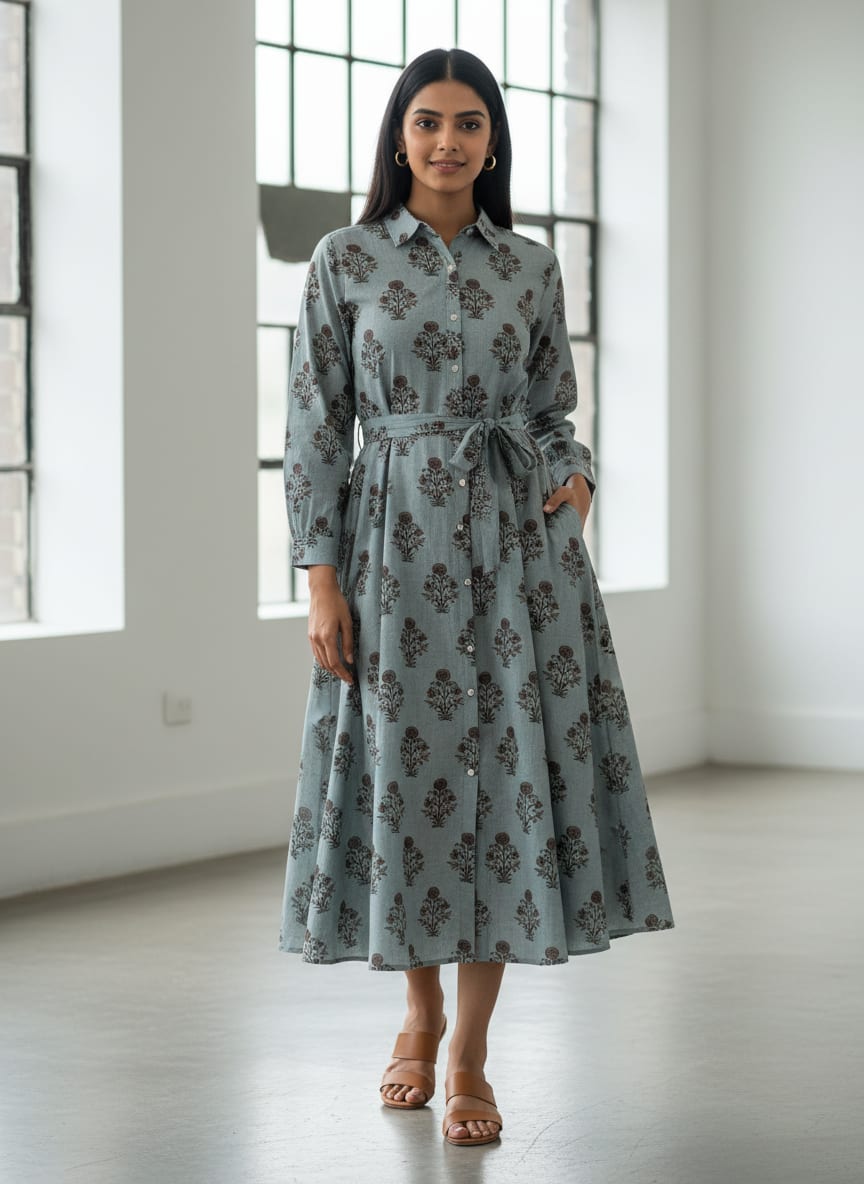 Grey Ethnic Floral Buti Print Pure Cotton Digital Printed Fabric