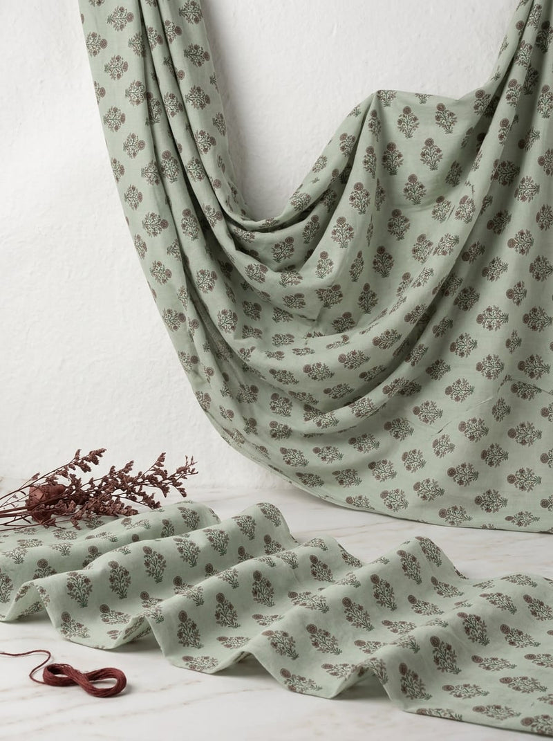 Green Ethnic Floral Buti Print Pure Muslin Digital Printed Fabric