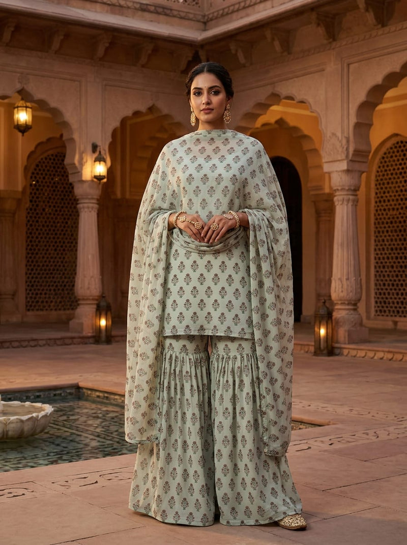 Green Ethnic Floral Buti Print Pure Georgette Digital Printed Fabric