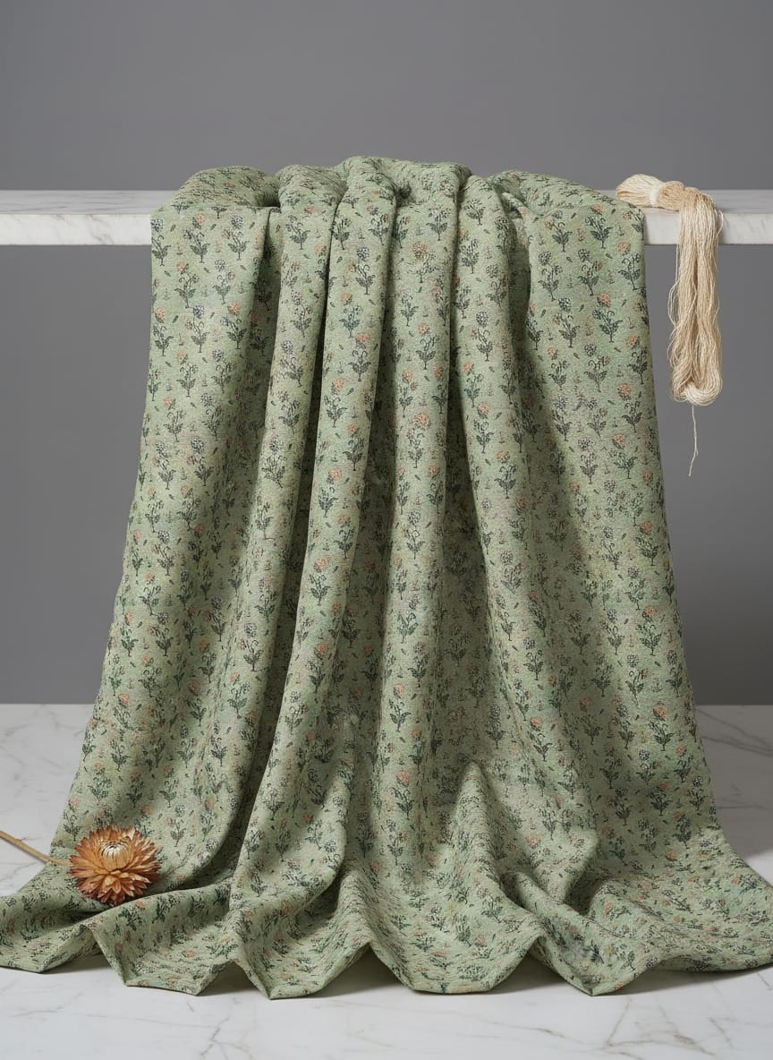Green Dainty Ethnic Floral Buti Japan Satin Digital Printed Fabric