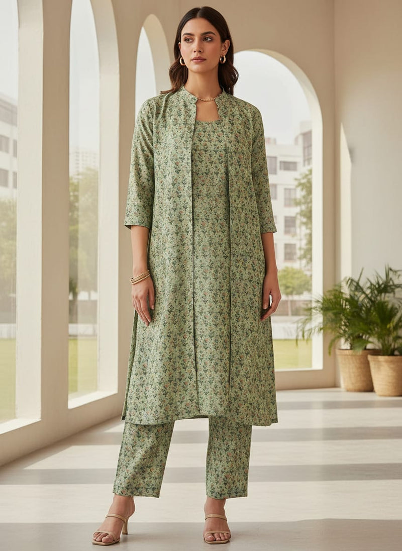 Beautiful Green Seamless Motif Flower Digital Printed Fabric - Kora Silk