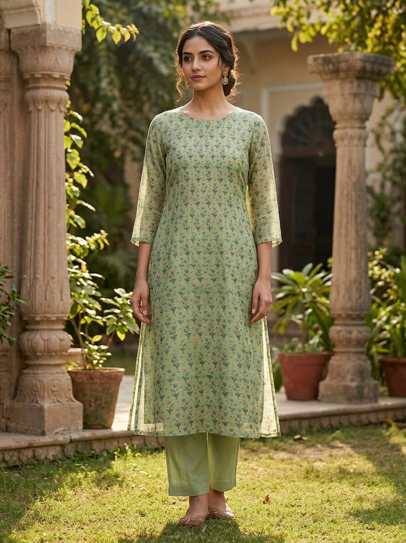 Green Dainty Buti Floral Print Kora Silk Digital Printed Fabric