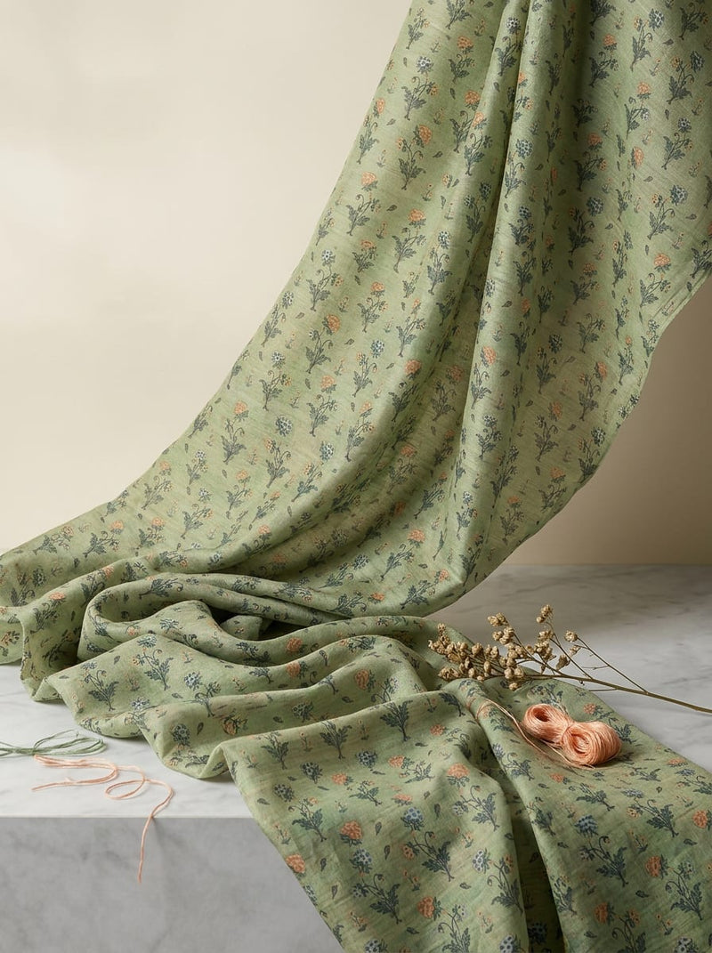 Green Dainty Buti Floral Print Kora Silk Digital Printed Fabric