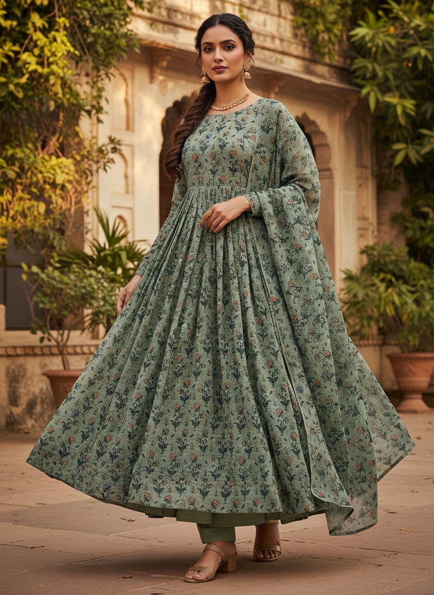 Green Ethnic Floral Buti Print Weightless Digital Printed Fabric