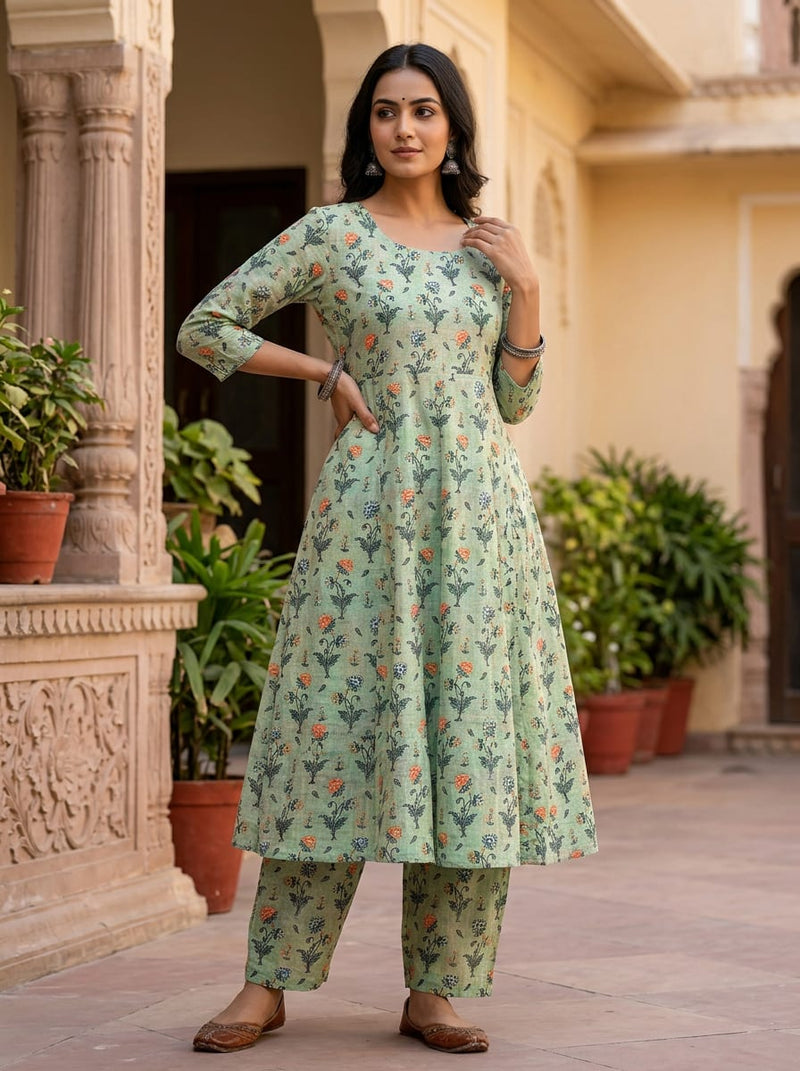 Green Vintage Ethnic Floral Buti Pure Cotton Digital Printed Fabric