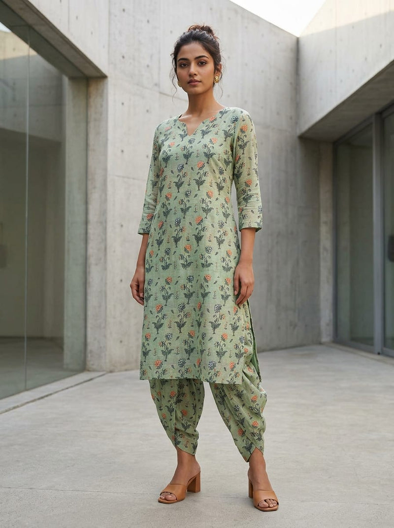 Green Vintage Ethnic Floral Buti Pure Cotton Digital Printed Fabric