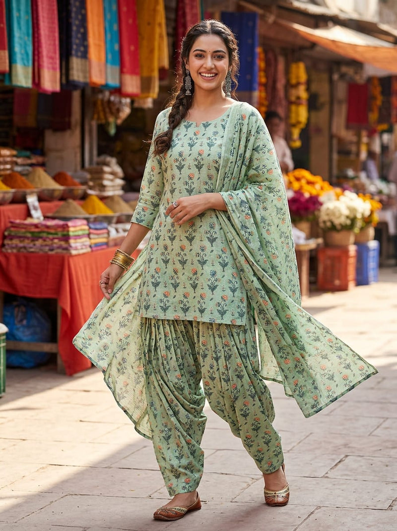 Green Vintage Ethnic Floral Buti Pure Cotton Digital Printed Fabric