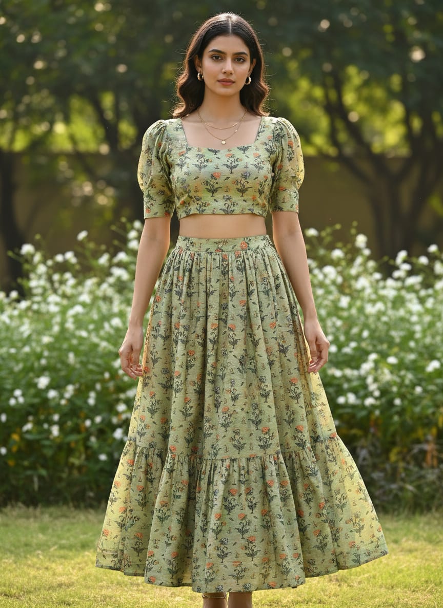 Green Dainty Ethnic Floral Buti Print Upada Silk Digital Printed Fabric